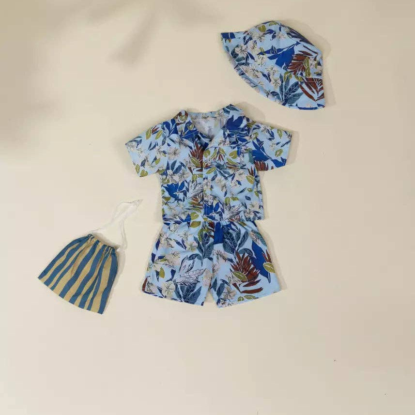 Children's swim set with floral pattern on a beige background