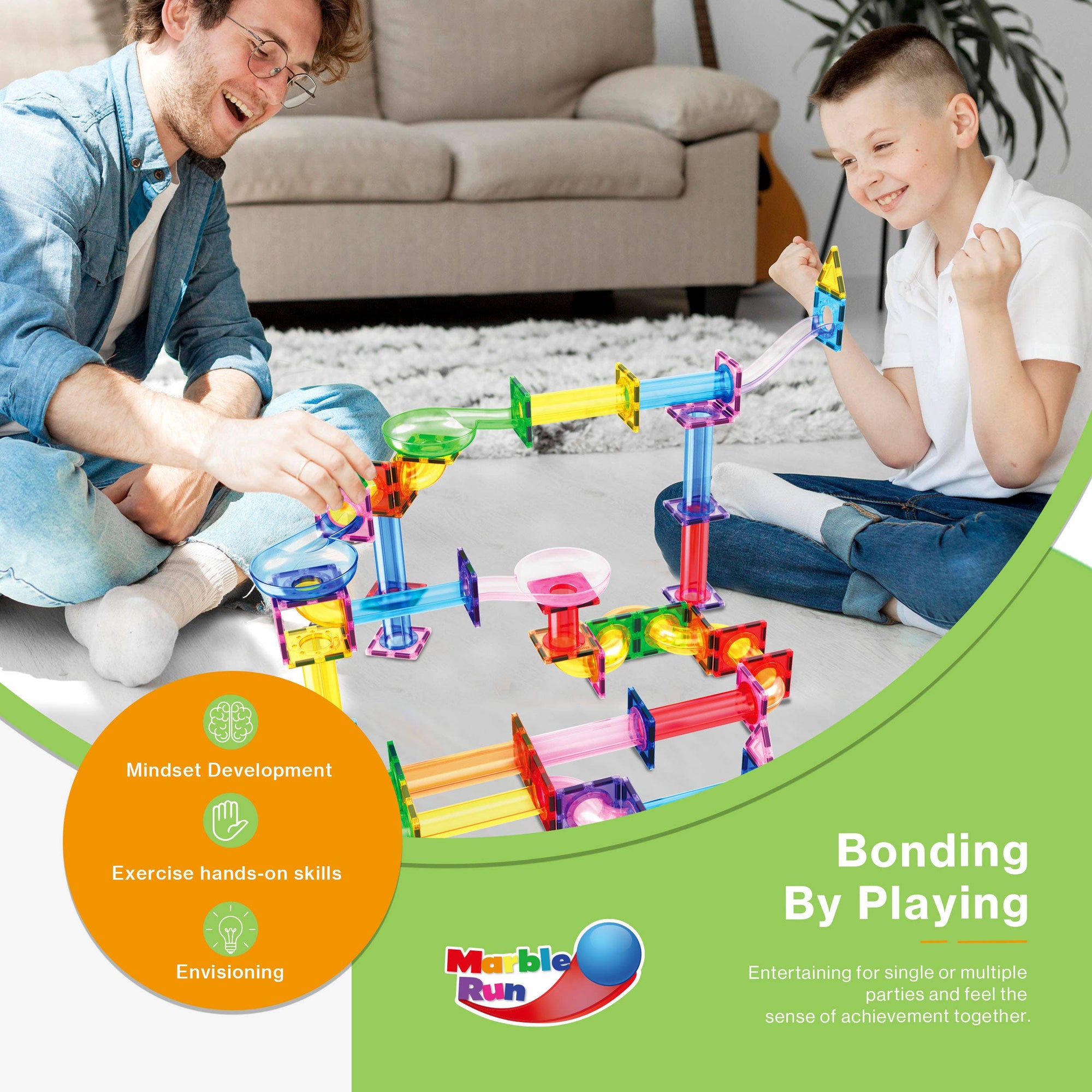 Two children playing with a marble run toy set in a living room.