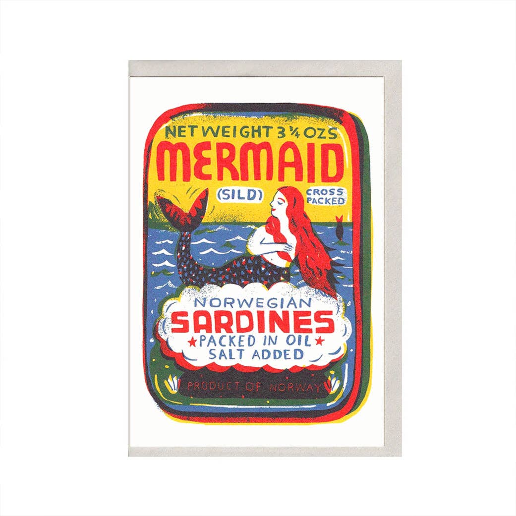 Mermaid sardine card design on a white background