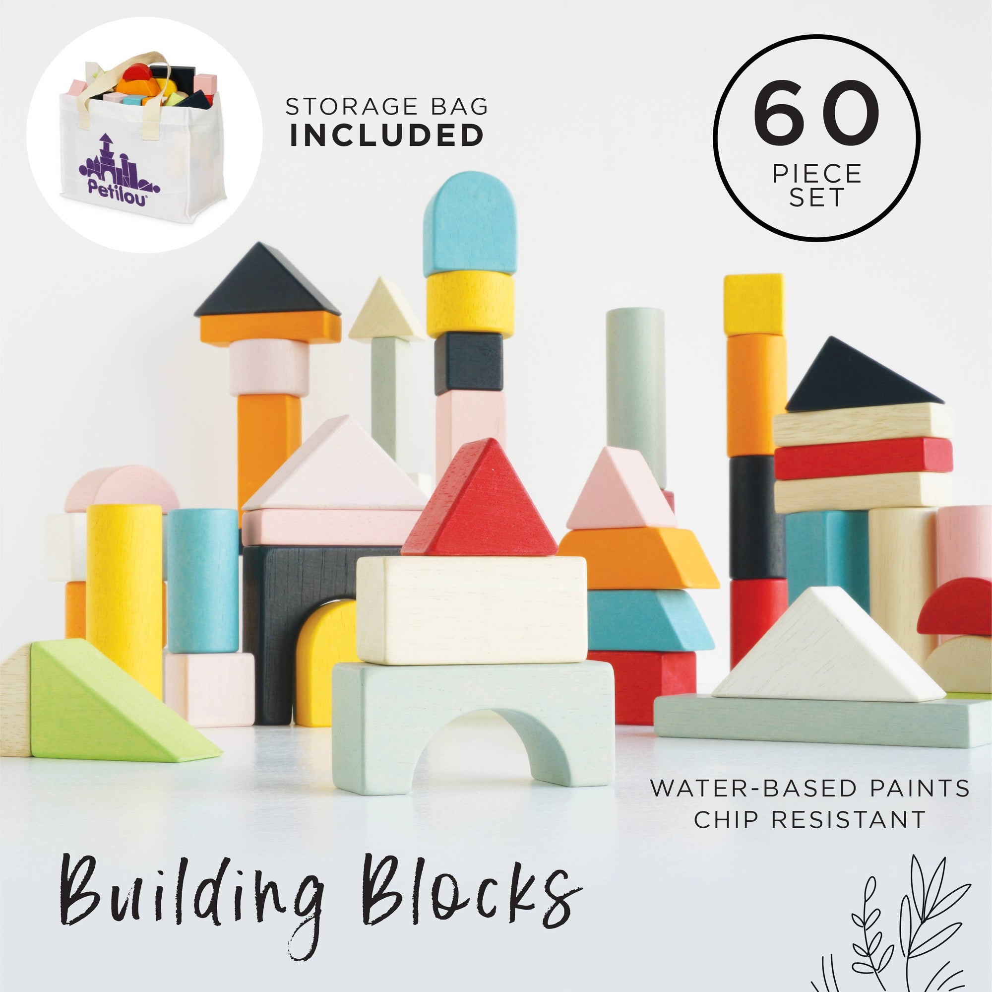 Colorful building blocks with storage bag included on a white background
