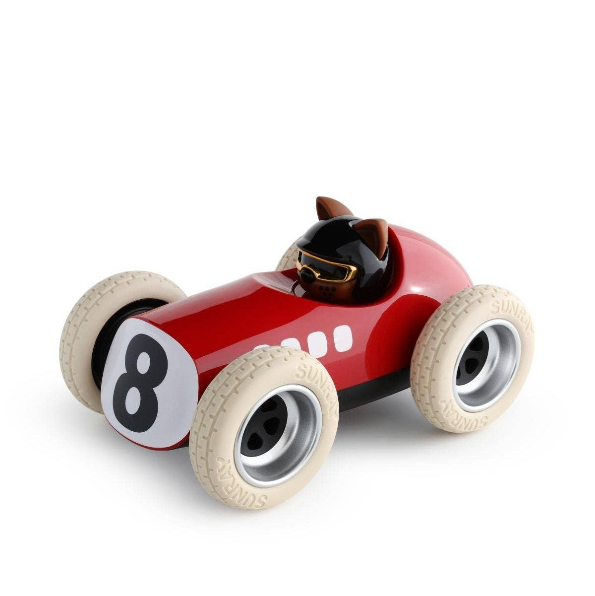 Red toy race car with number 8 on a white background