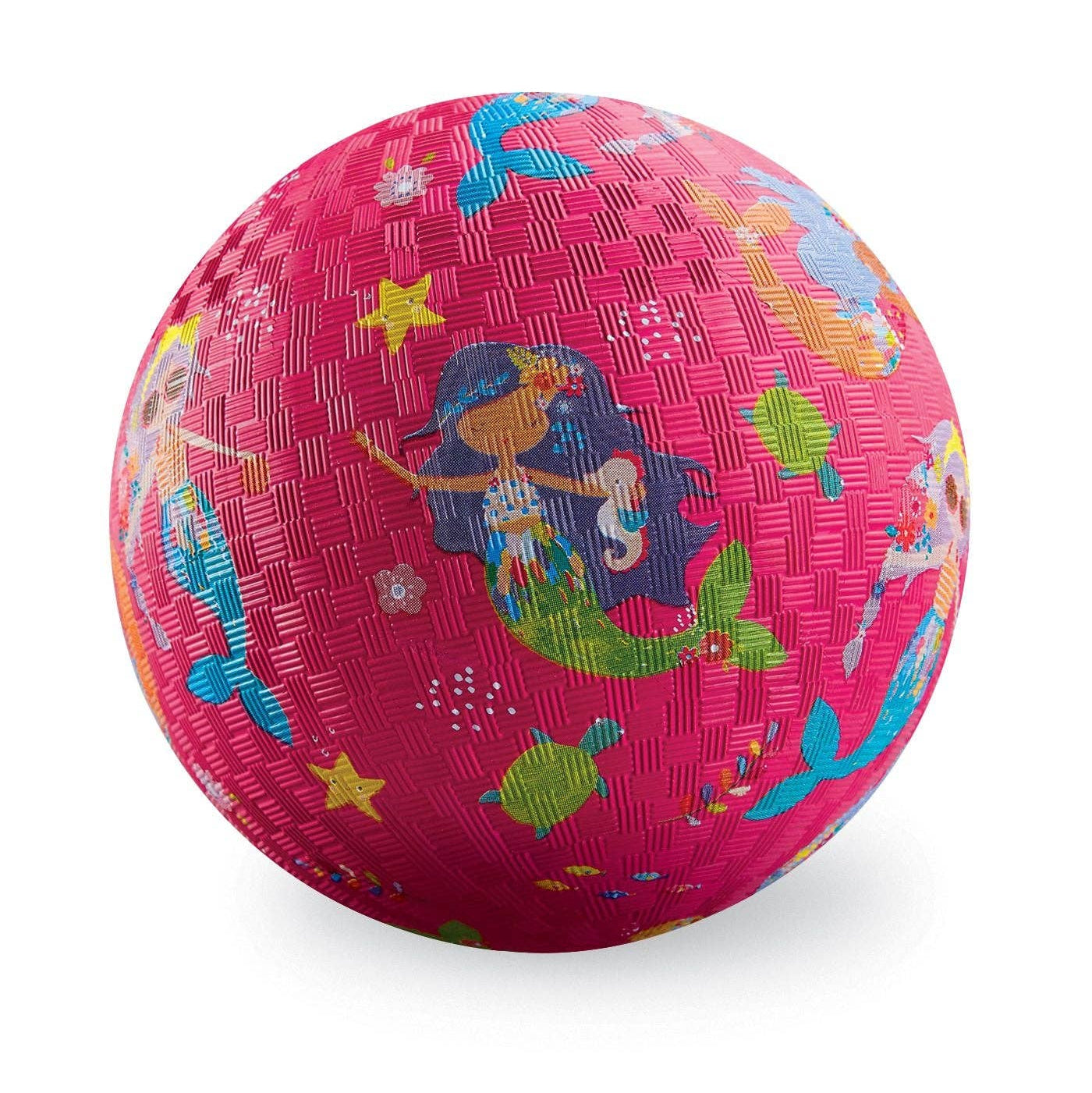 Pink ball with mermaid and turtle design on a white background