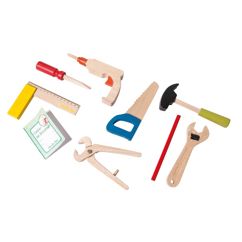 Set of colorful toy tools on a white background