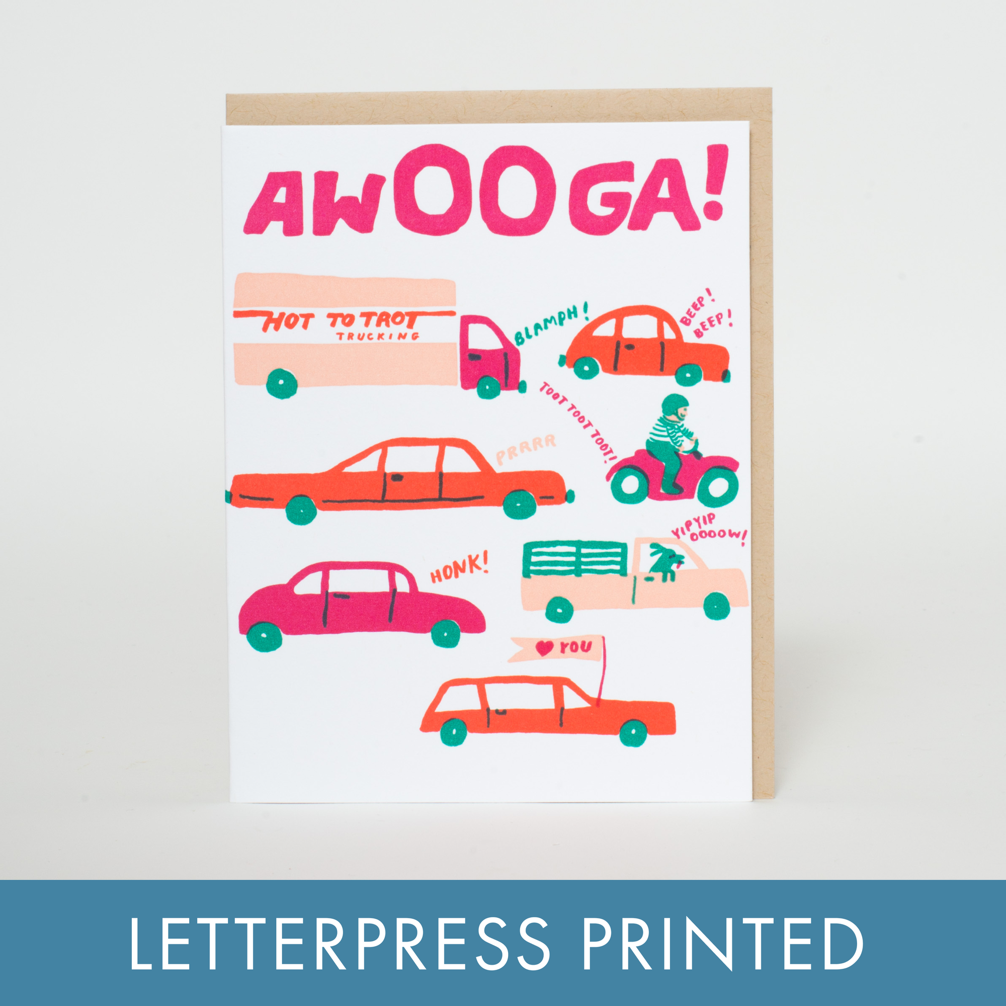 Letterpress printed card with colorful cars and text on a white background