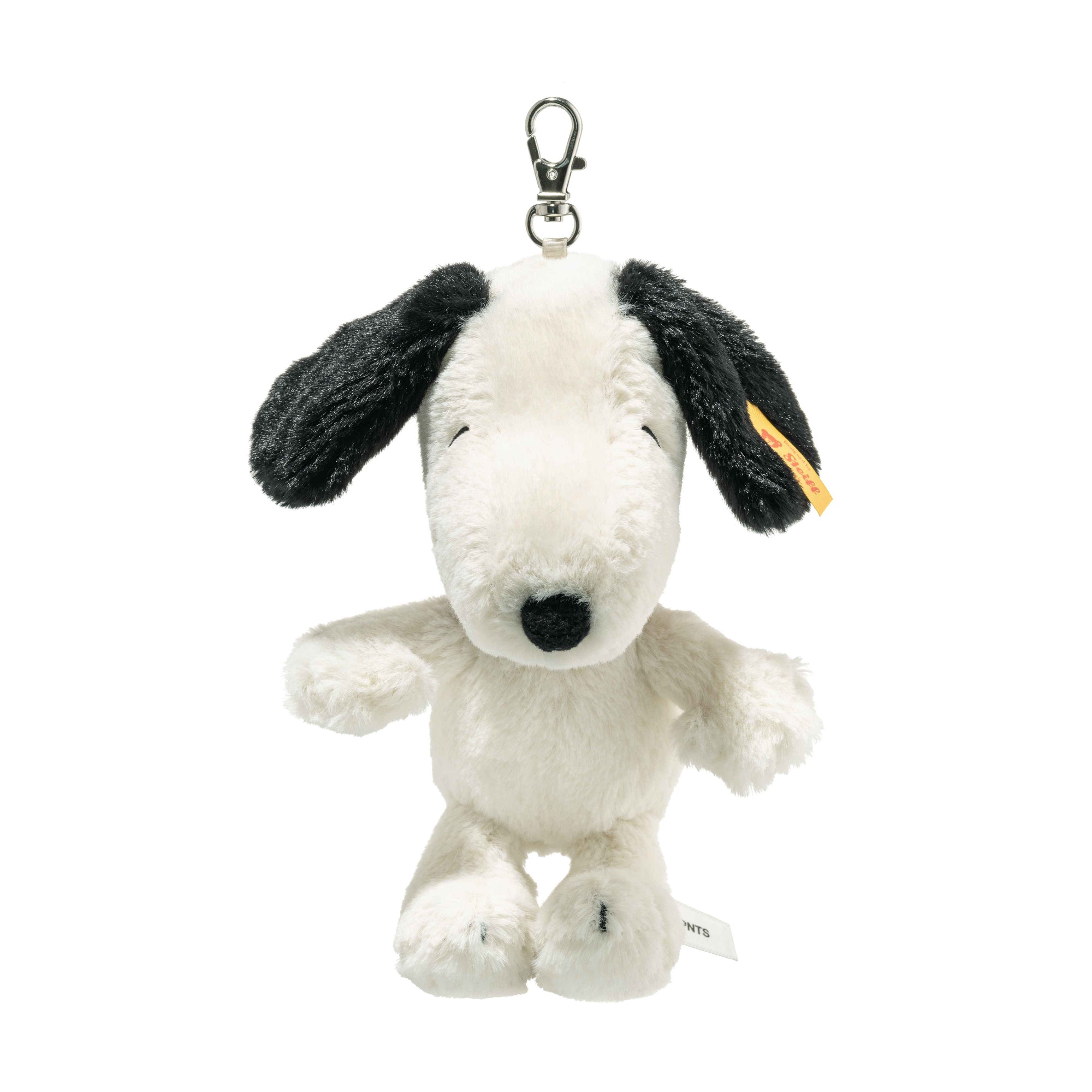 Plush Snoopy dog with a keychain clip on a white background