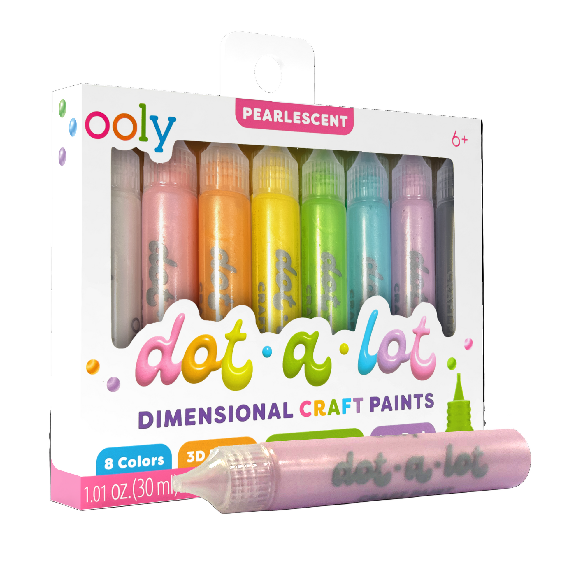 Packaging of Ooly dot-a-lot dimensional craft paints with eight pearlescent colors on a white background.