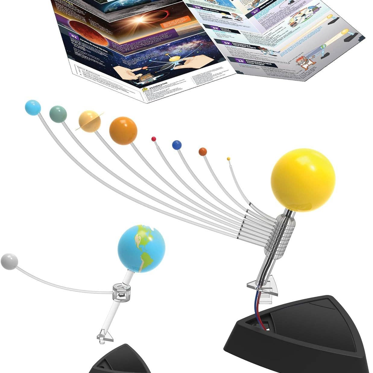 Solar system model with planets and a box of educational materials on a white background