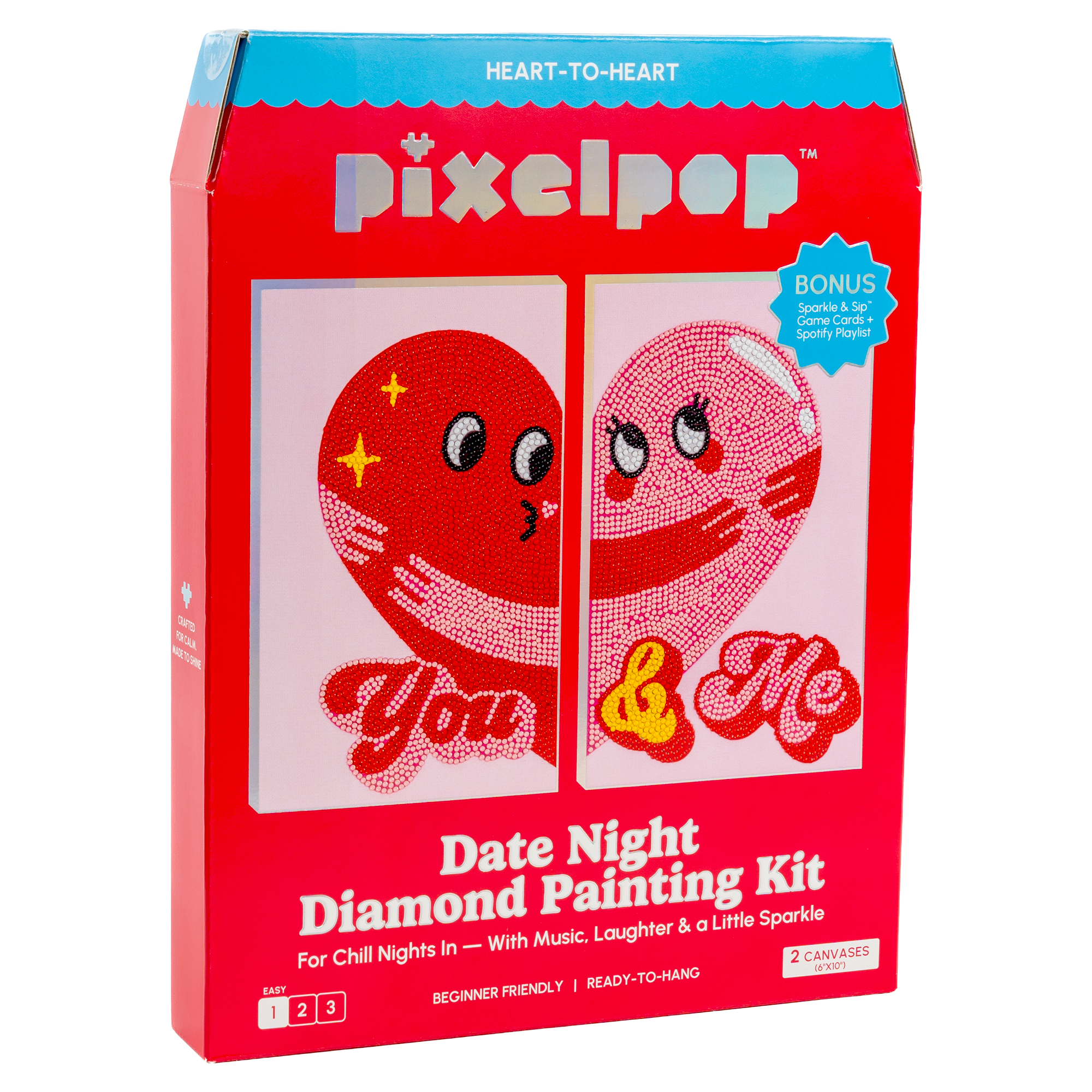 Pixelpop Date Night Diamond Painting Kit packaging with cartoon hearts on a red background