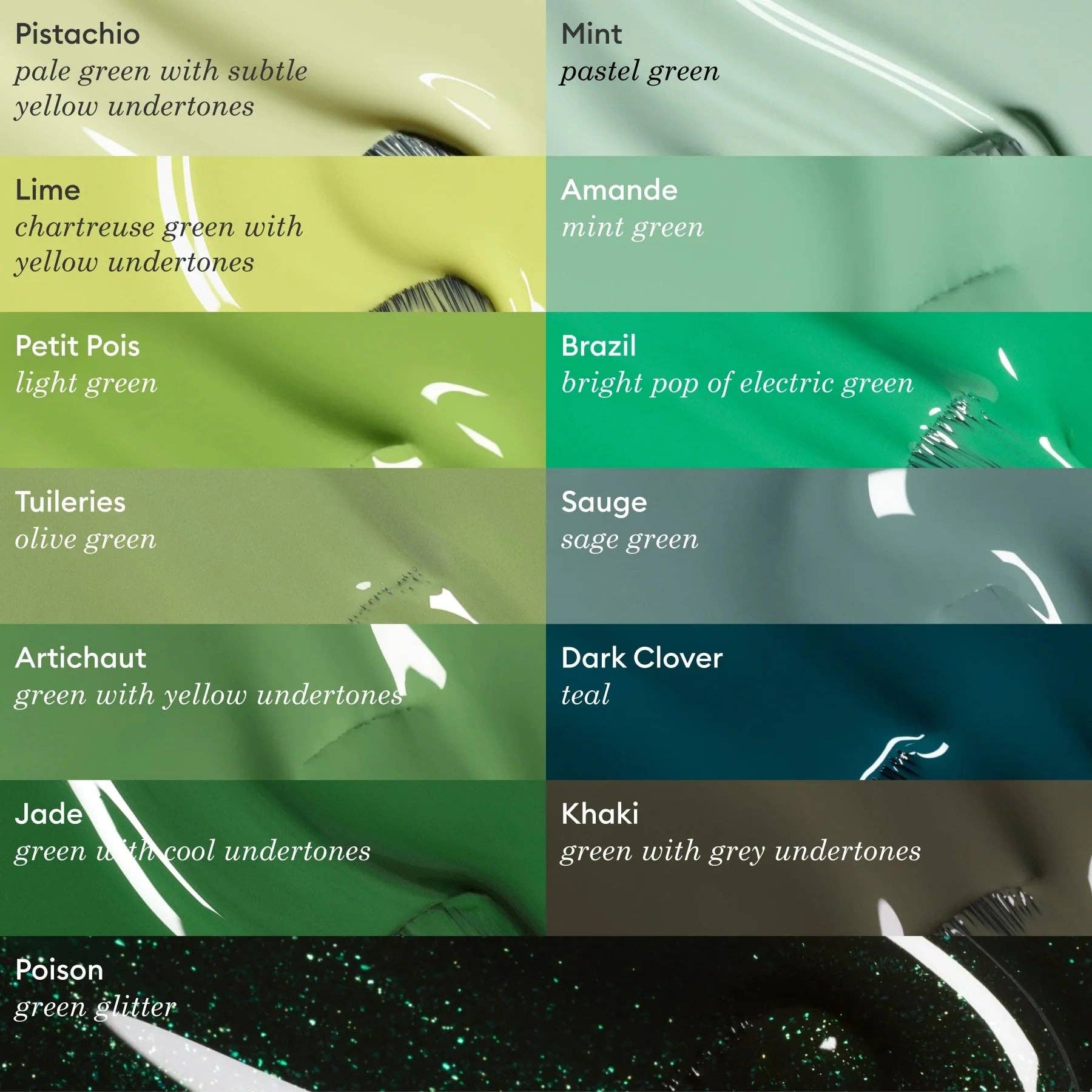 Color swatches with green shades and their descriptions