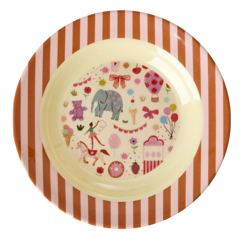 Decorative plate with colorful illustrations on a red and white striped border