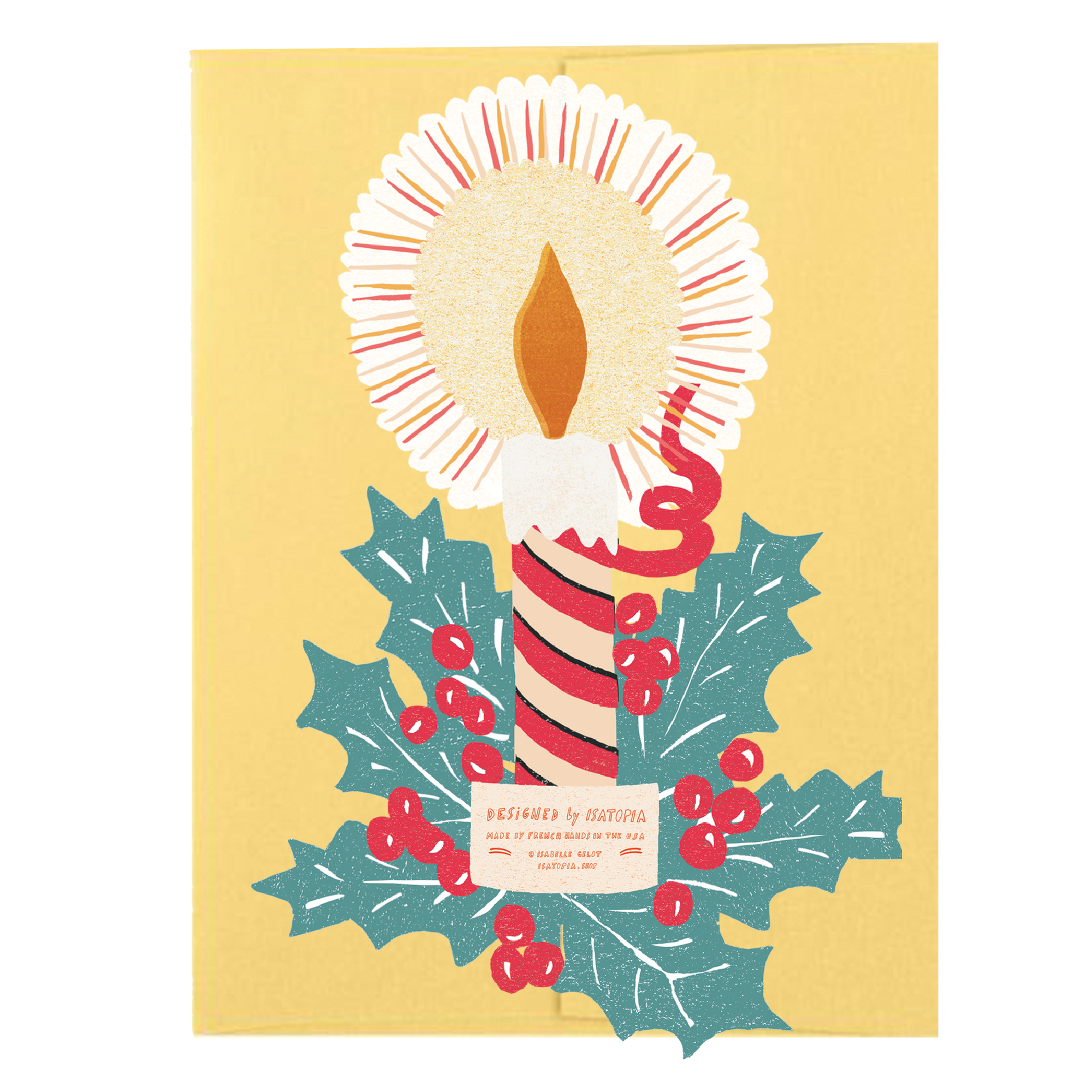 Illustration of a candy cane with holly leaves and berries on a yellow background