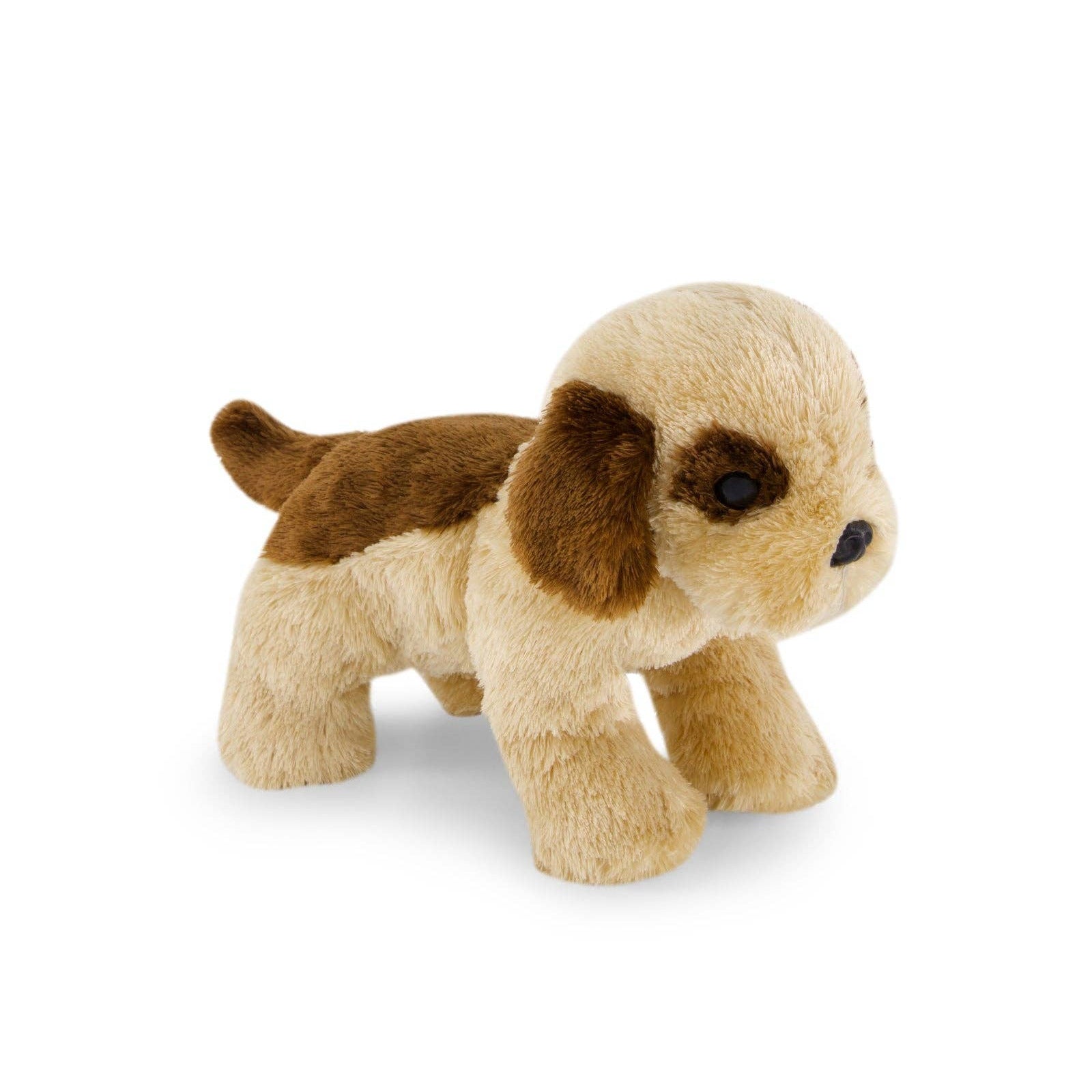 Plush toy dog with brown and beige fur on a white background