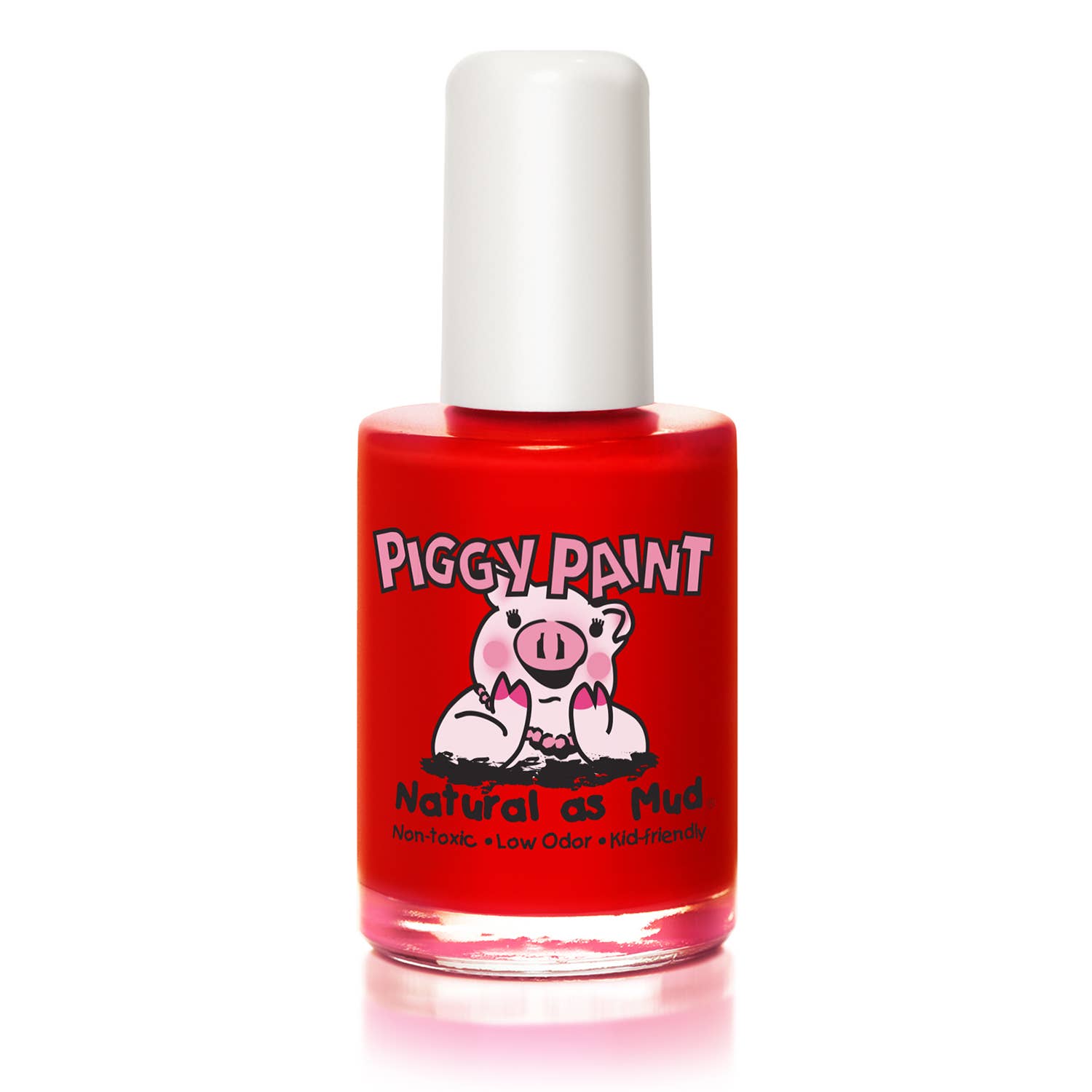 Red bottle of Piggy Paint nail polish on a white background