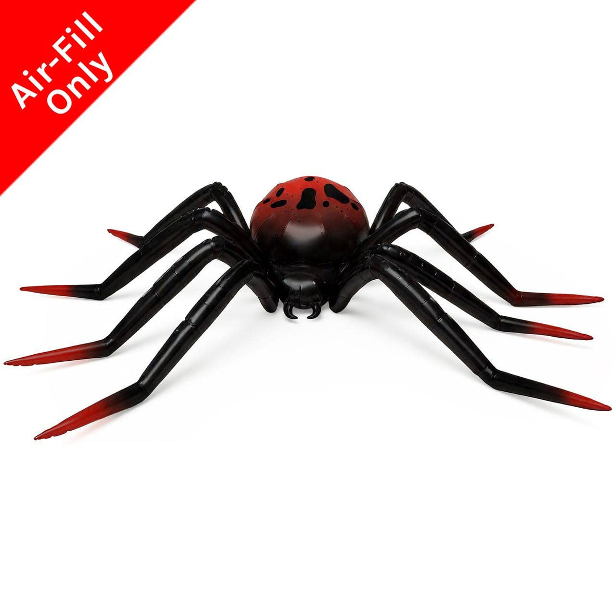 A black spider-shaped air-filled toy or pump with red accents on its body and leg tips, shown on a white background with a red diagonal banner reading 'Air-Fill Only'.