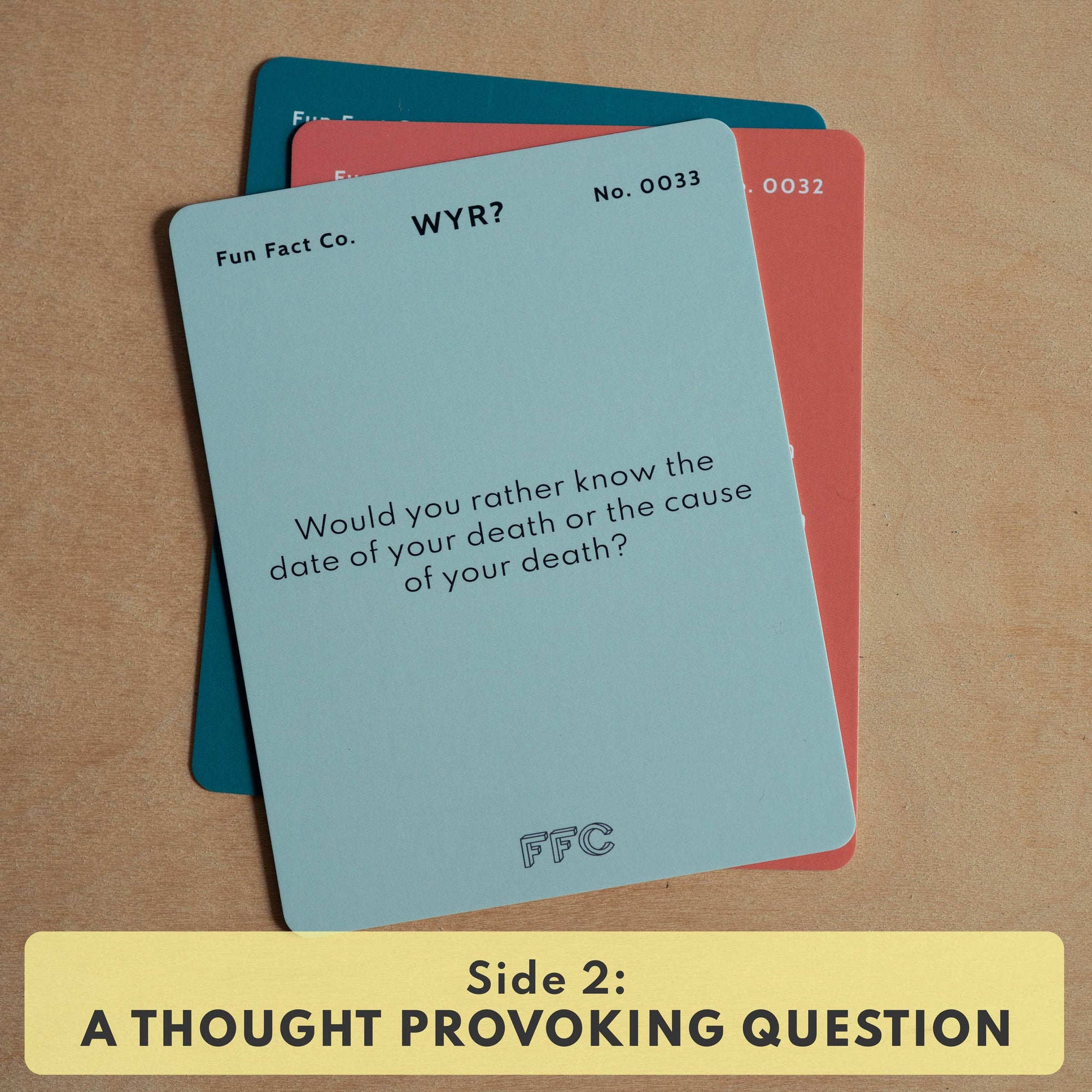 Two question cards from Fun Fact Co. on a beige background