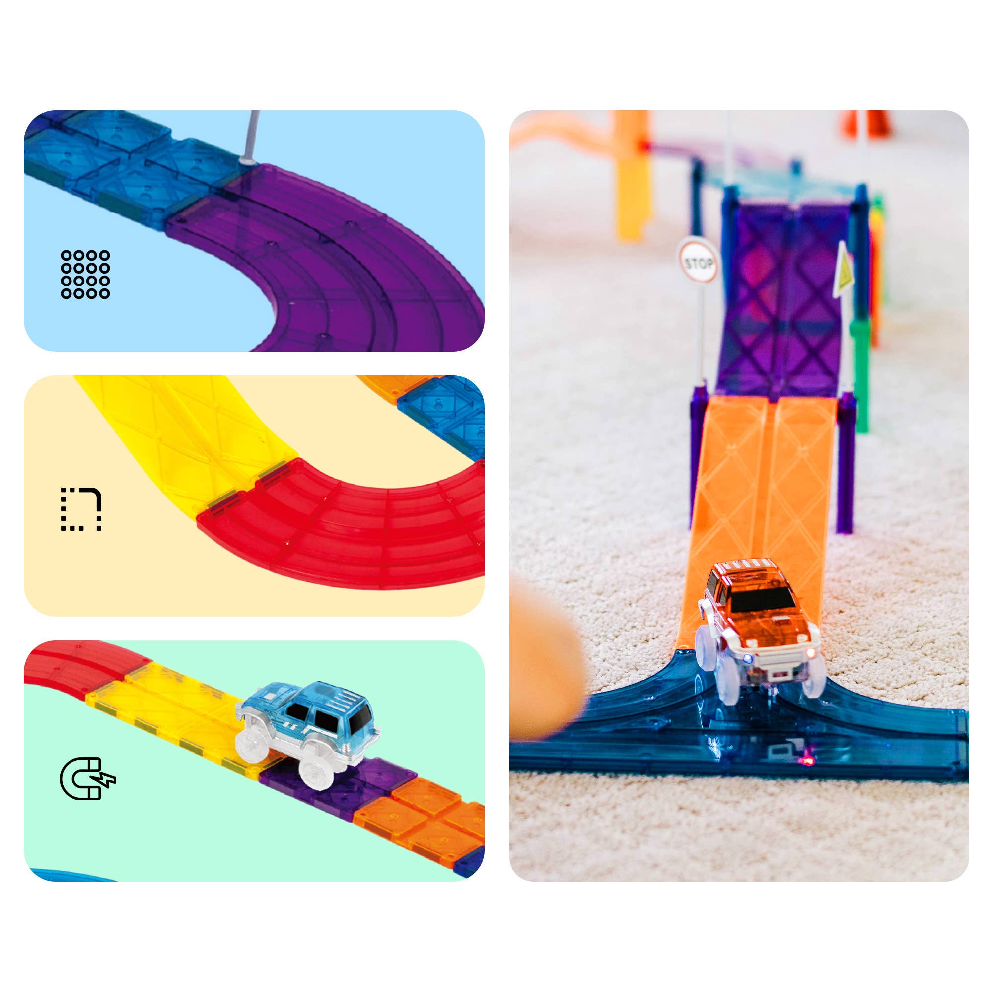 Colorful toy track set with cars on a white background