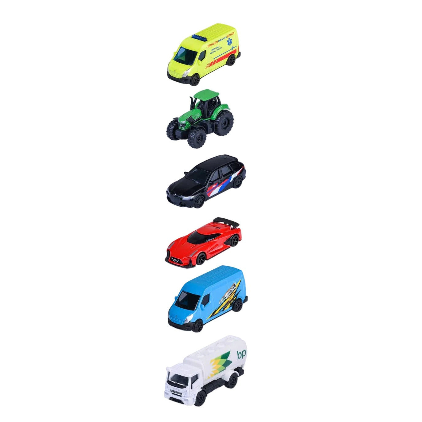 Collection of Majorette toy cars with a packaging display on a white background
