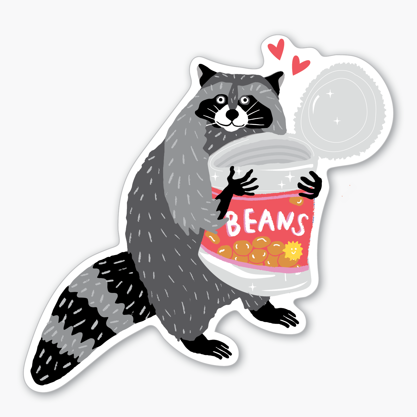 Sticker of a raccoon holding a jar labeled 'BEANS' on a white background