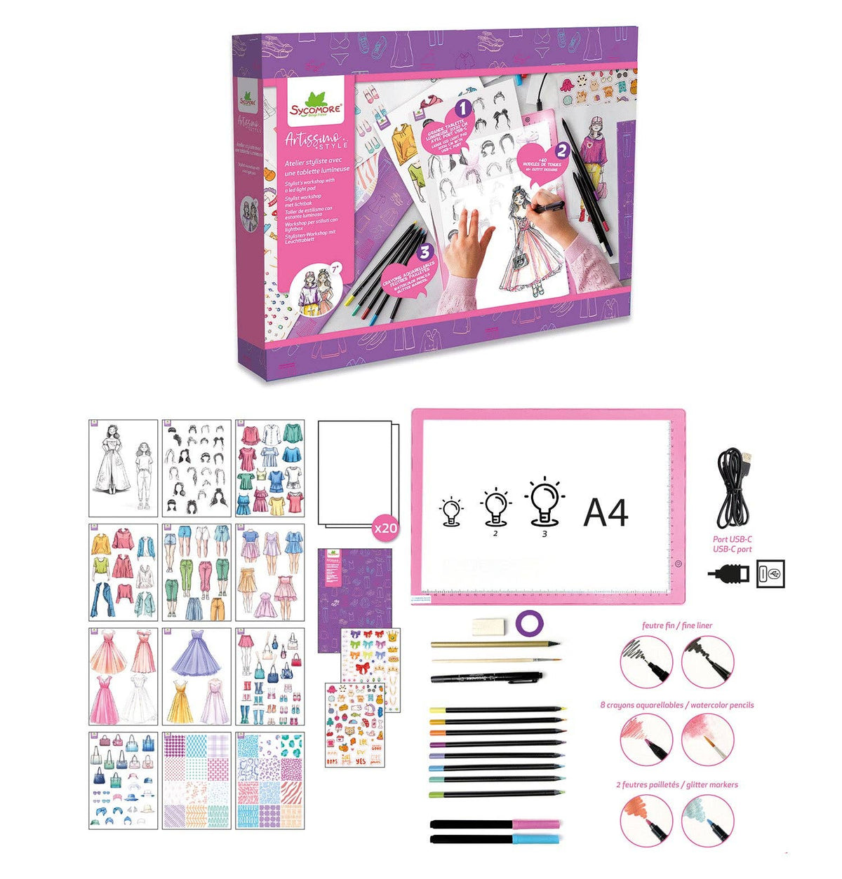 Scrapbook art design set with packaging, paper, and tools on a white background