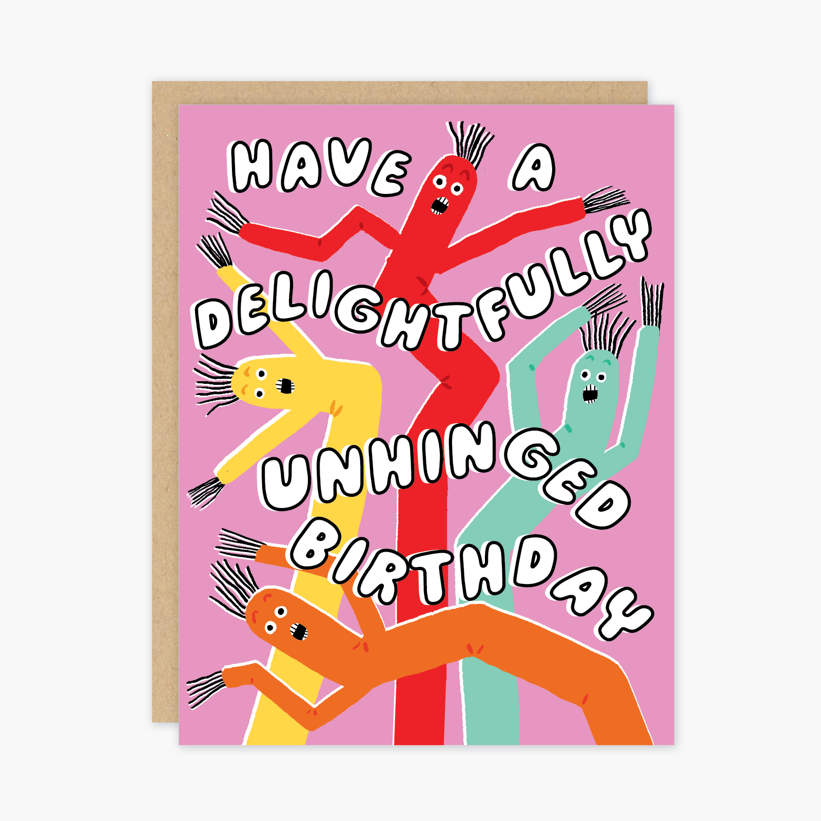 Birthday card with colorful stick figure illustrations and text on a pink background