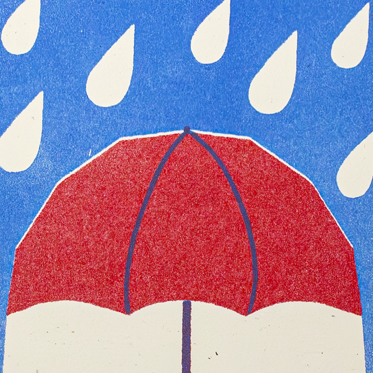 A stylized illustration of a red umbrella with a white base, set against a bright blue background with white raindrops.