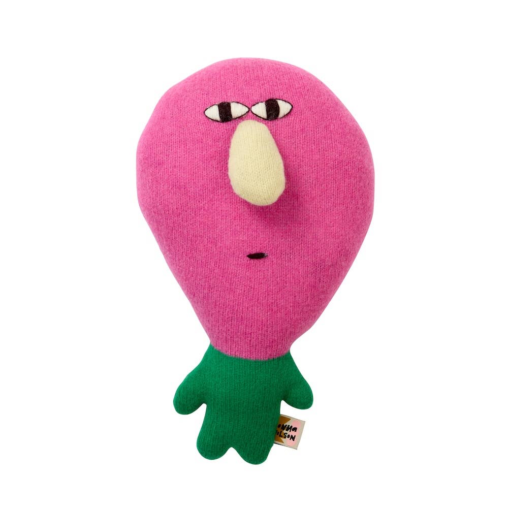 Pink plush toy with a green base on a white background