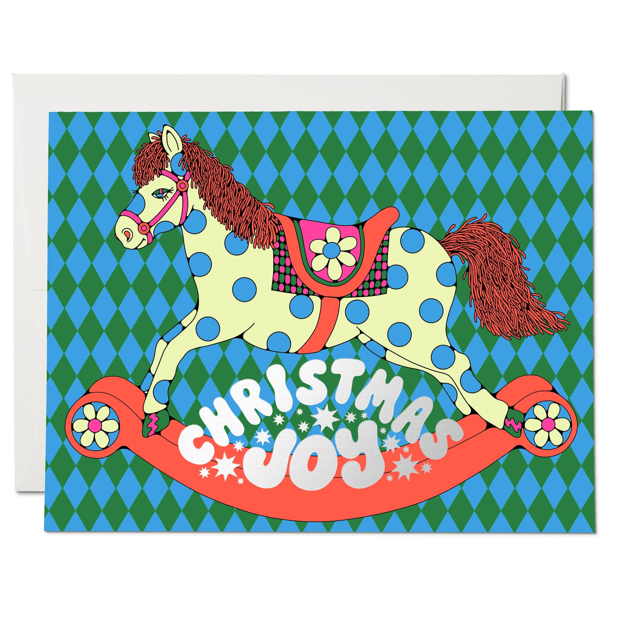 Colorful greeting card with a horse and 'Christmas Joy' text on a patterned background
