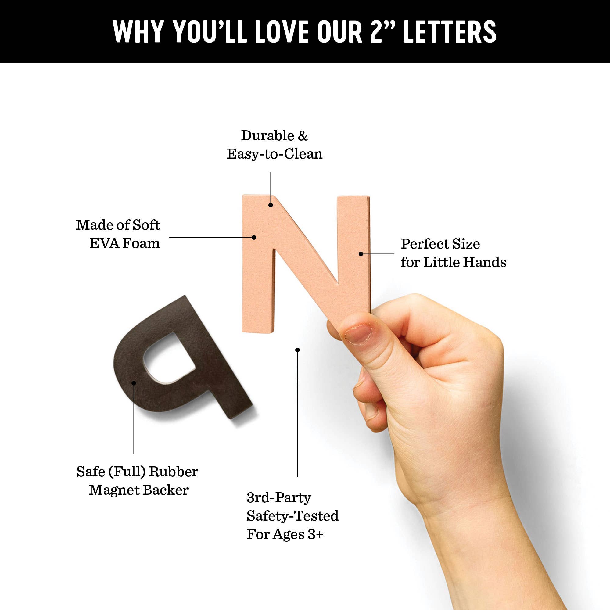 Hand holding a pink letter 'N' with text about product features on a white background