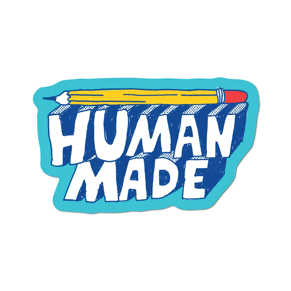 A die-cut sticker featuring the words 'HUMAN MADE' in bold white letters over a blue 3D-effect block, with a yellow pencil across the top and a turquoise outline, shown on a plain white background.