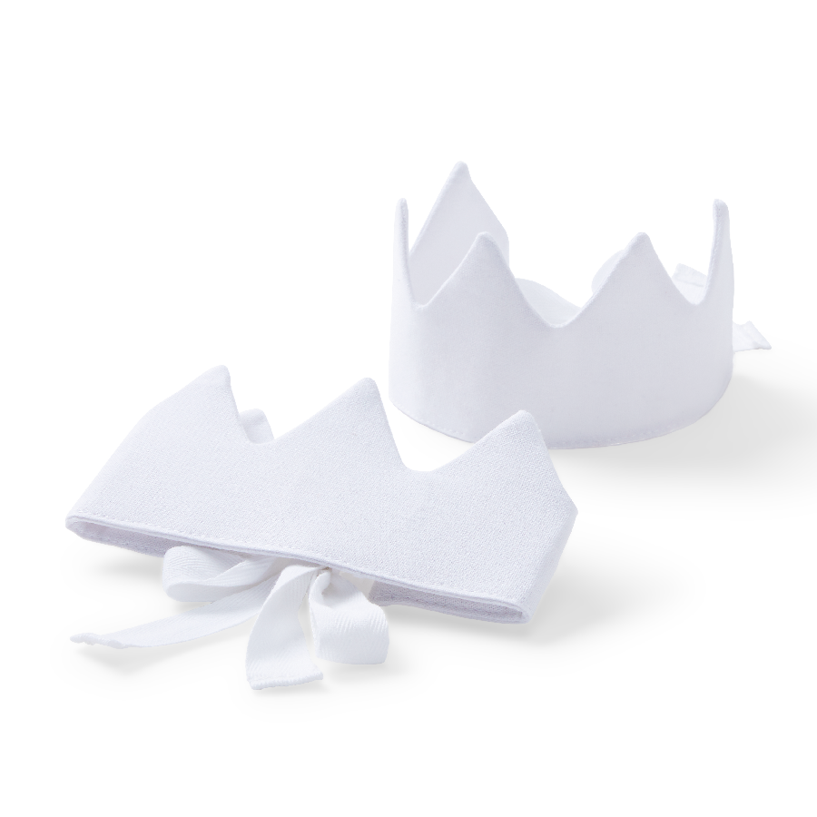 Two white felt crowns, one standing upright and one lying flat with a small ribbon bow, on a clean white background.