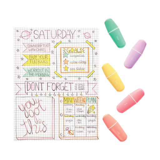 Colorful planner stickers with text and designs on a white background