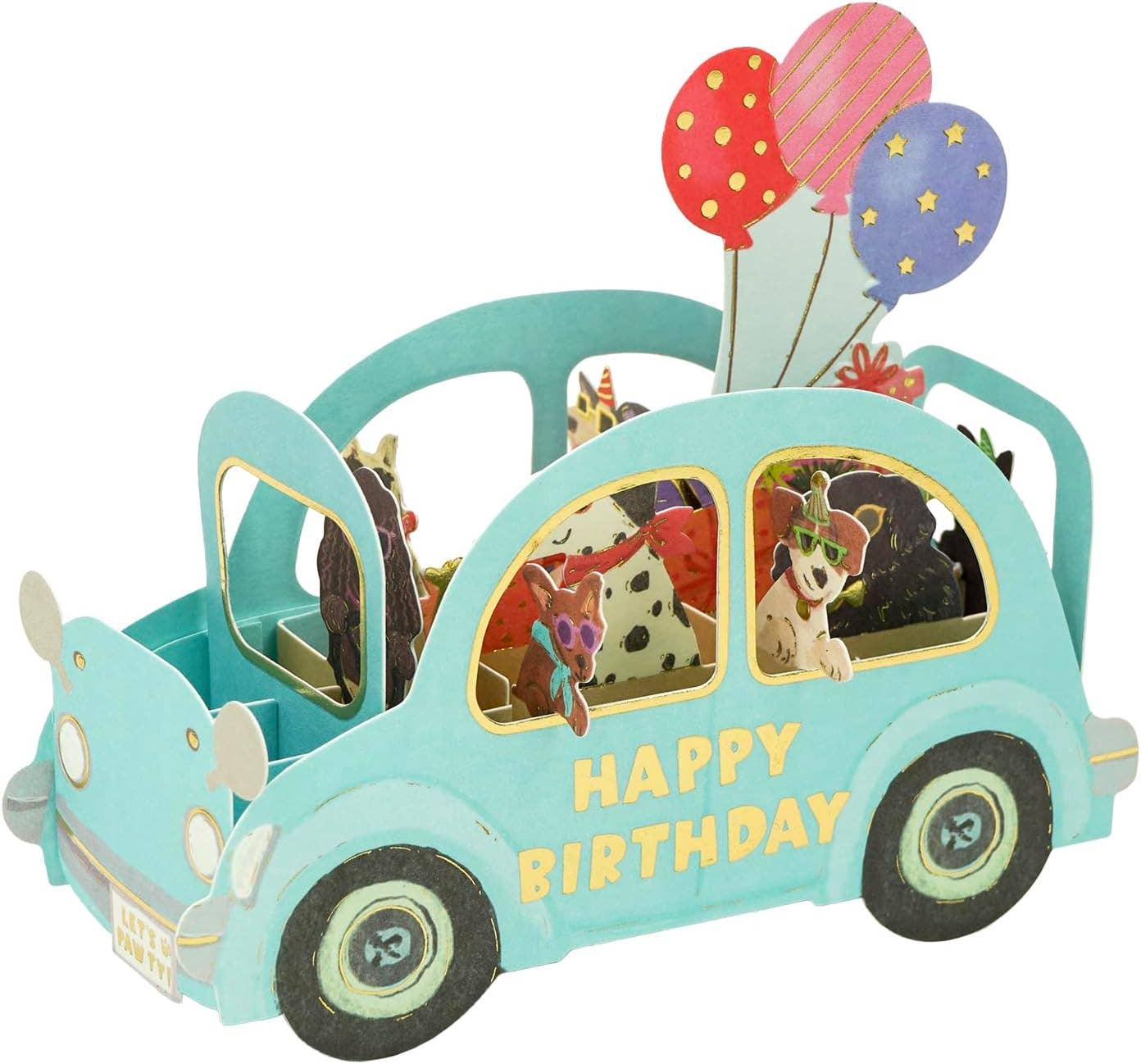 Toy car with 'Happy Birthday' text and balloons on a white background