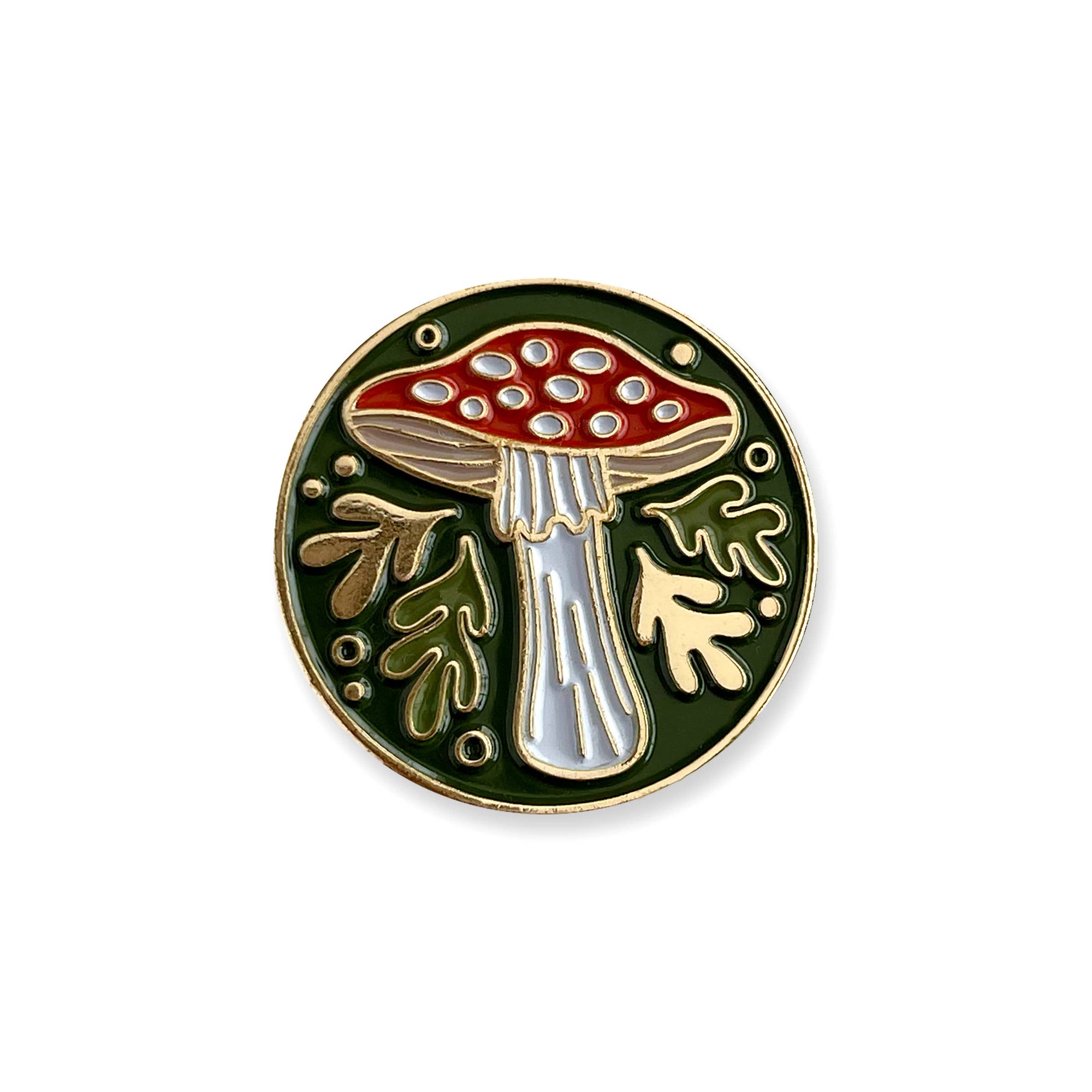 Mushroom-themed enamel pin on a white background