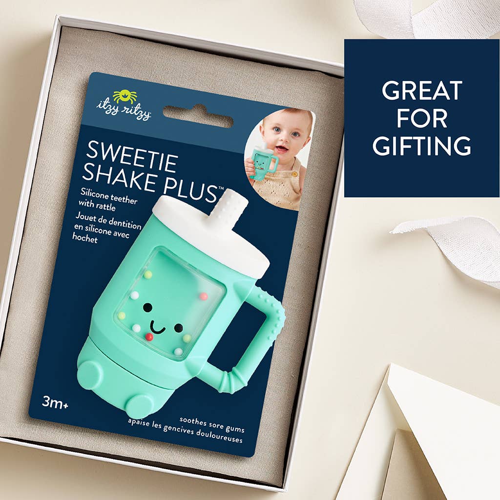Silicone teether packaging with 'Sweetie Shake Plus' branding on a beige background
