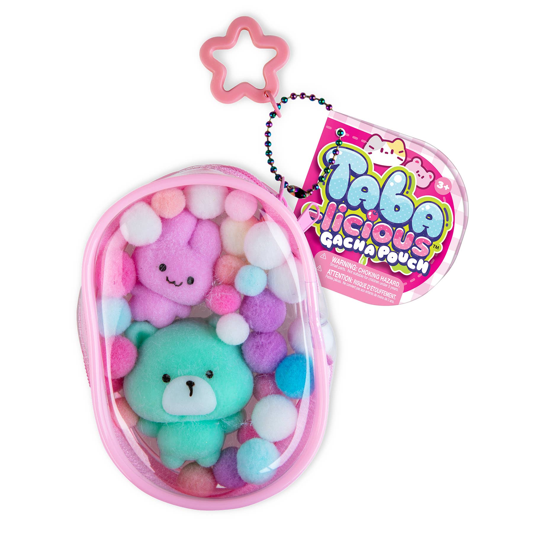 Colorful plush toys in a pink container with a 'Taba Licious' tag on a white background