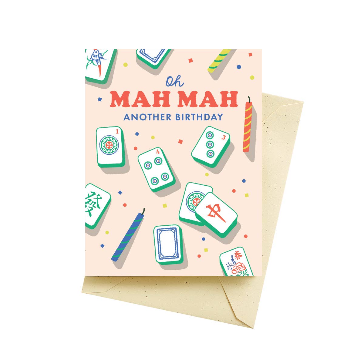 Birthday card with Mahjong design and 'Oh Mah Mah Another Birthday' text