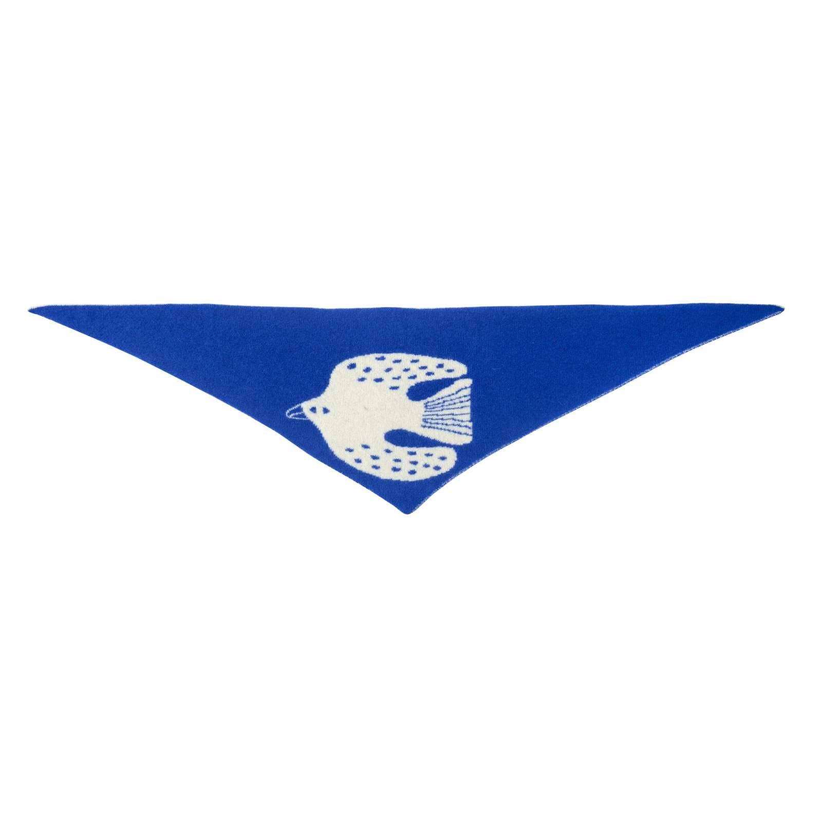 Blue triangular bandana with a white bird design on a white background