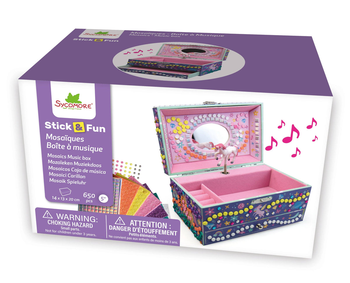 Sicamore Stick & Fun mosaic music box toy packaging box, showing the product box design with a picture of the decorated music box on the front.