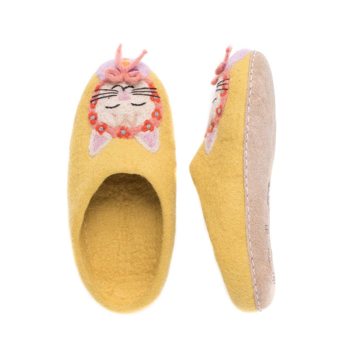 A pair of yellow felt house slippers with a cute embroidered cat face on the top, featuring pink and orange details, shown from both the top and side views on a white background.