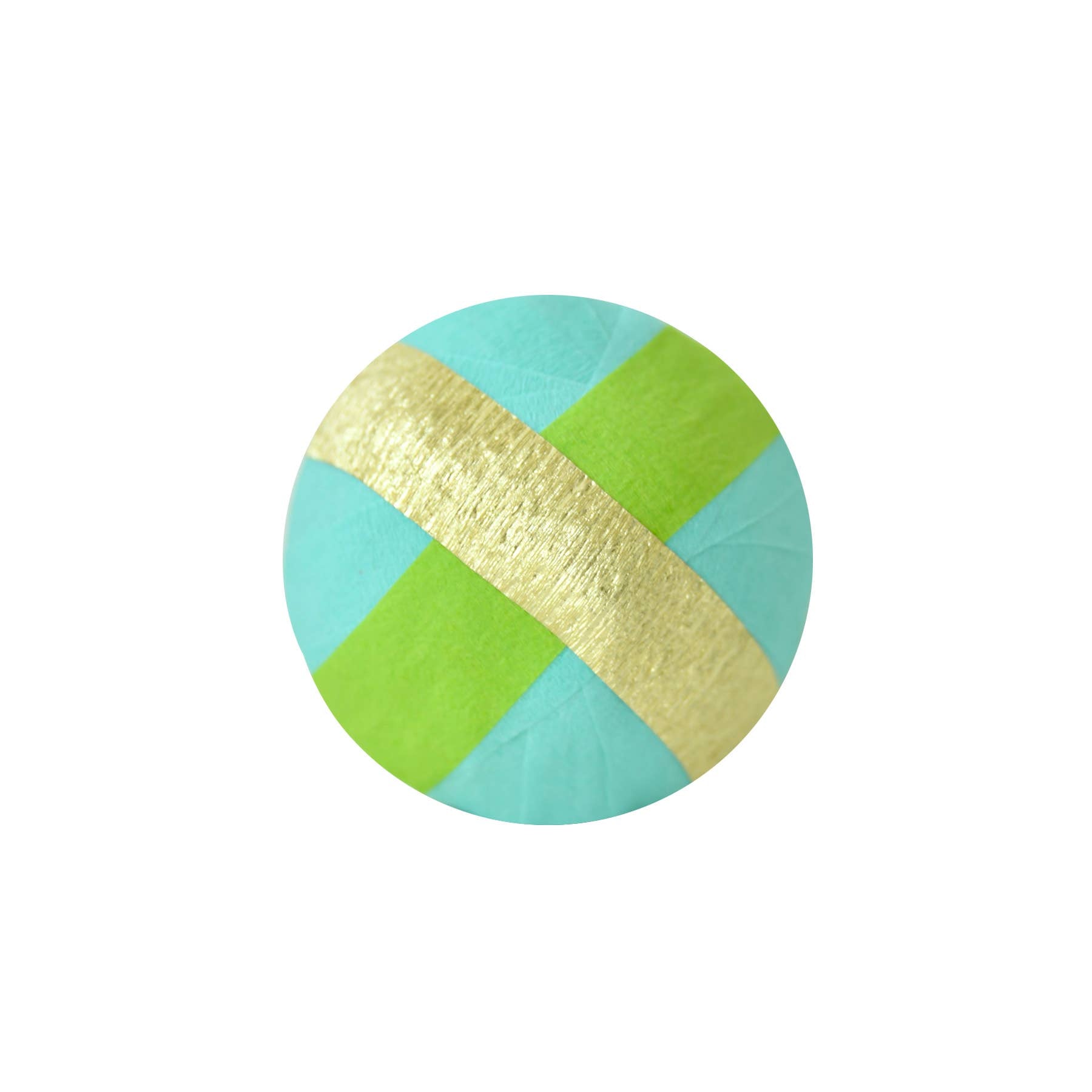 Round surprise ball with green, gold, and turquoise stripes on a white background