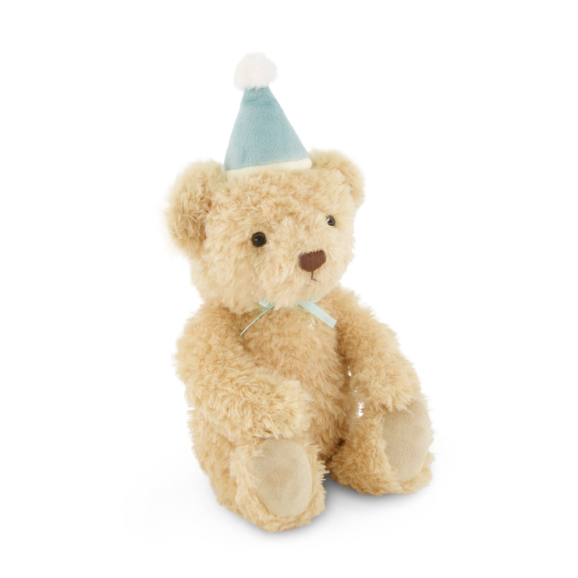 Teddy bear wearing a blue party hat on a white background