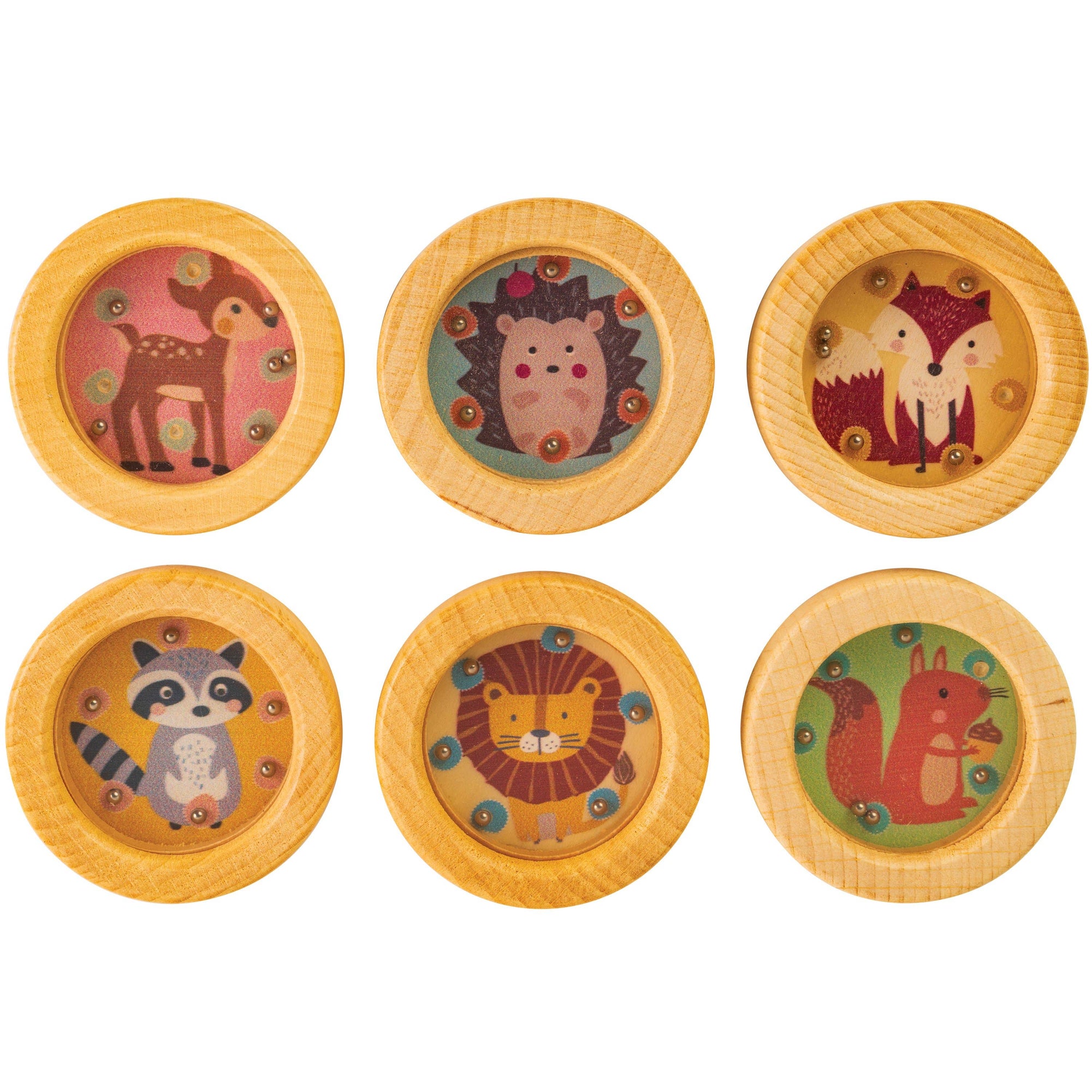 Set of six animal-themed coasters with wooden frames on a white background