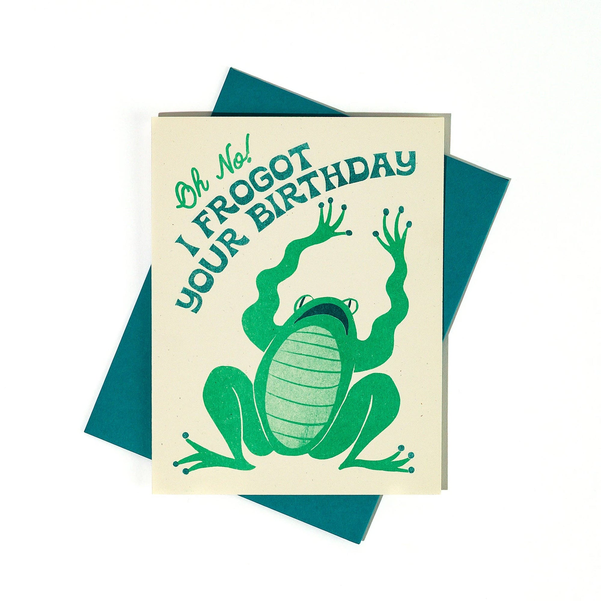 Birthday card with a green frog illustration and text on a white background