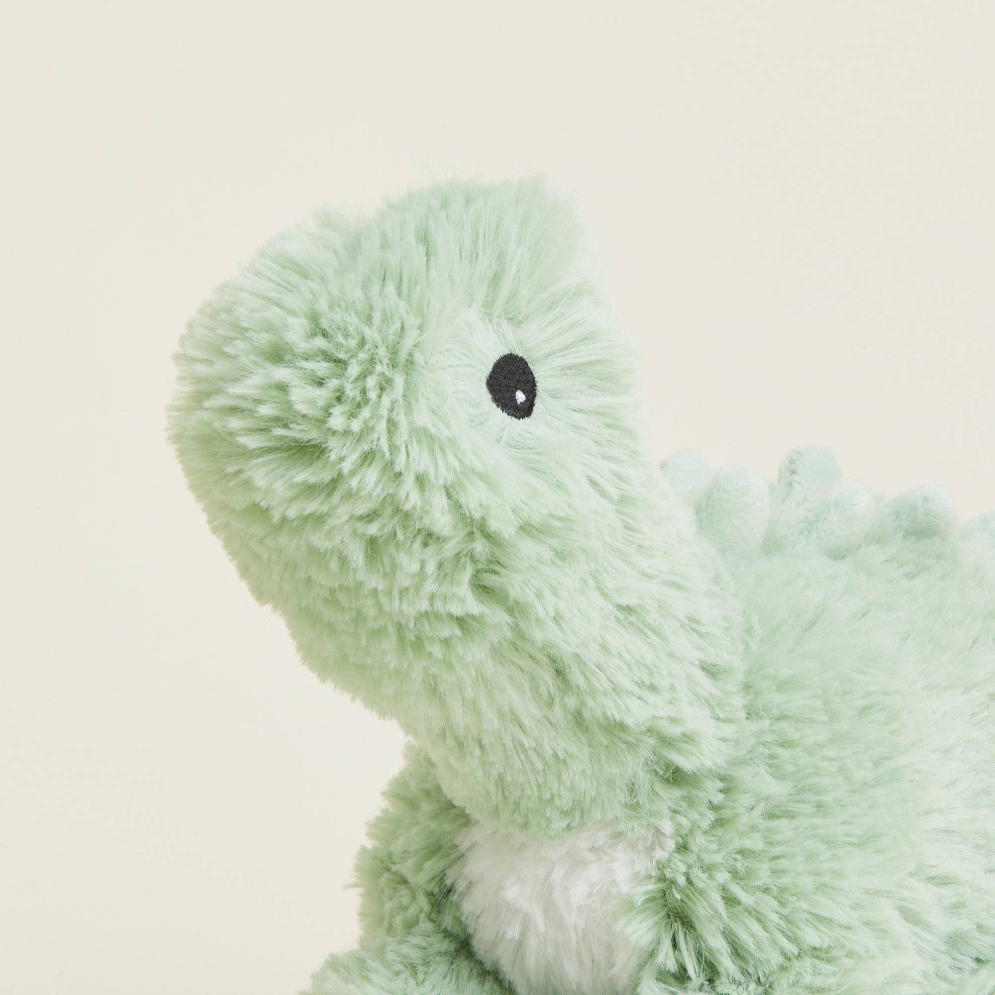 Close-up of a green plush toy on a beige background