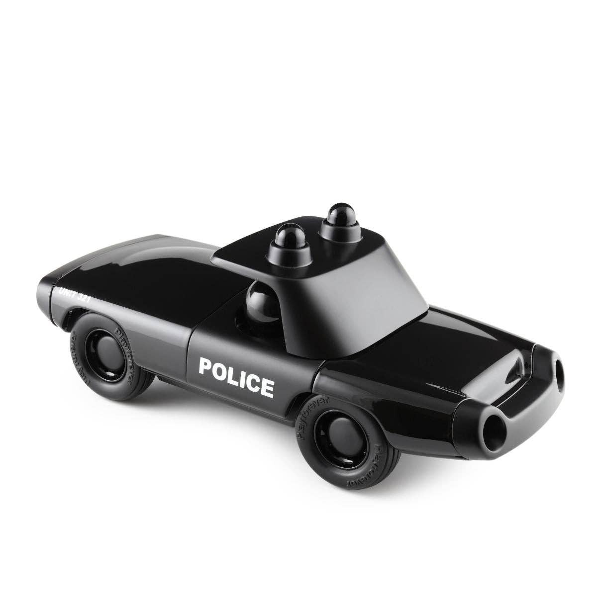 Black toy police car with 'POLICE' text on a white background
