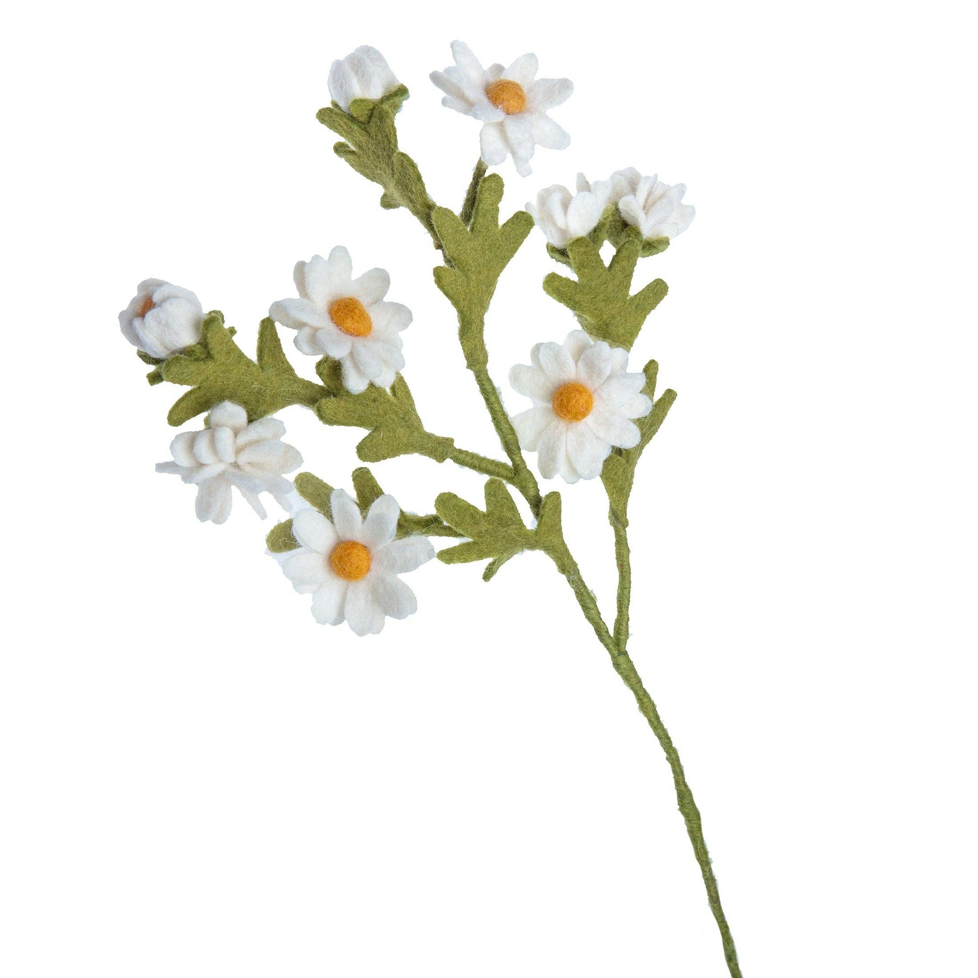 Artificial flower branch with white flowers and green leaves on a white background