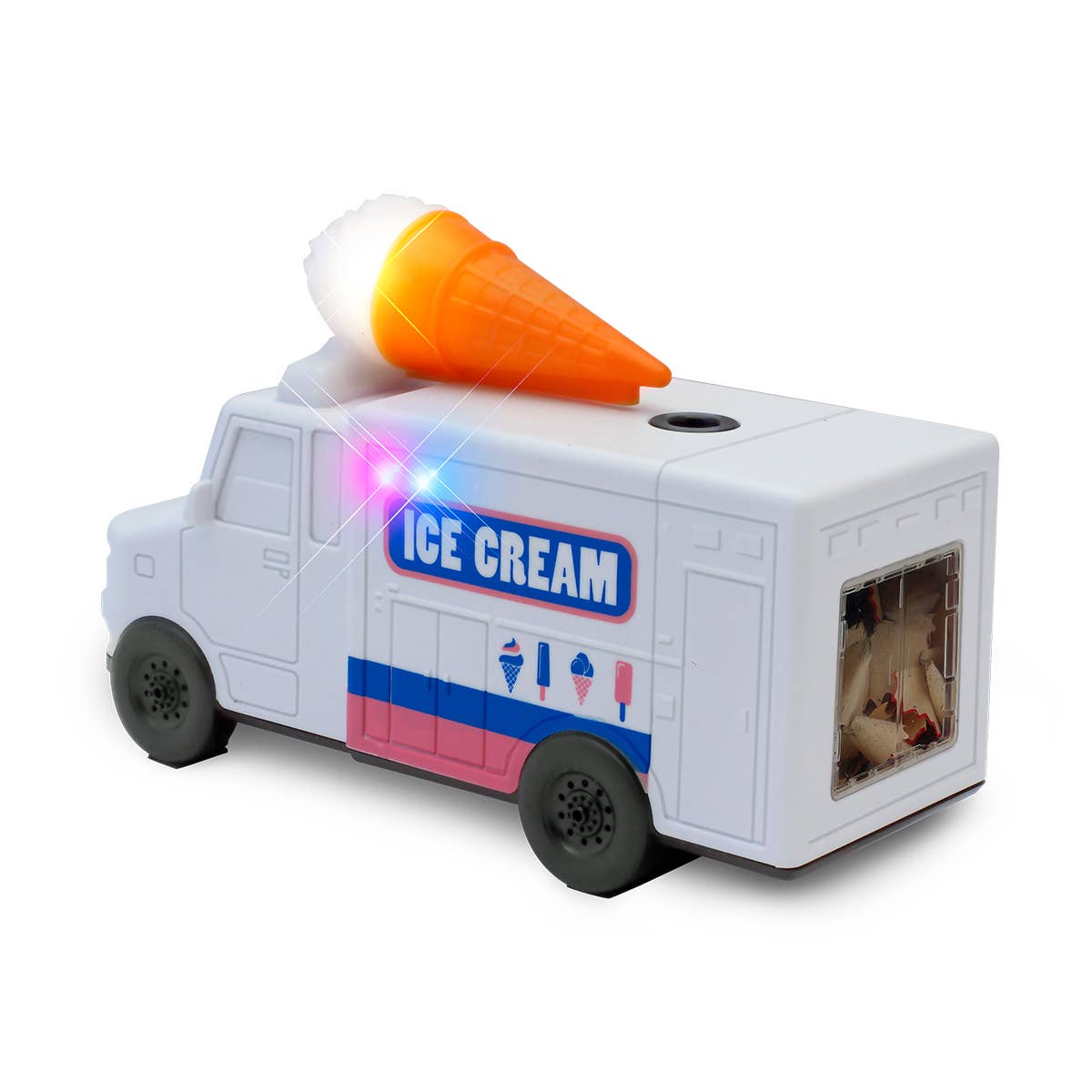 Toy ice cream truck with an ice cream cone on top, featuring LED lights and a small screen.