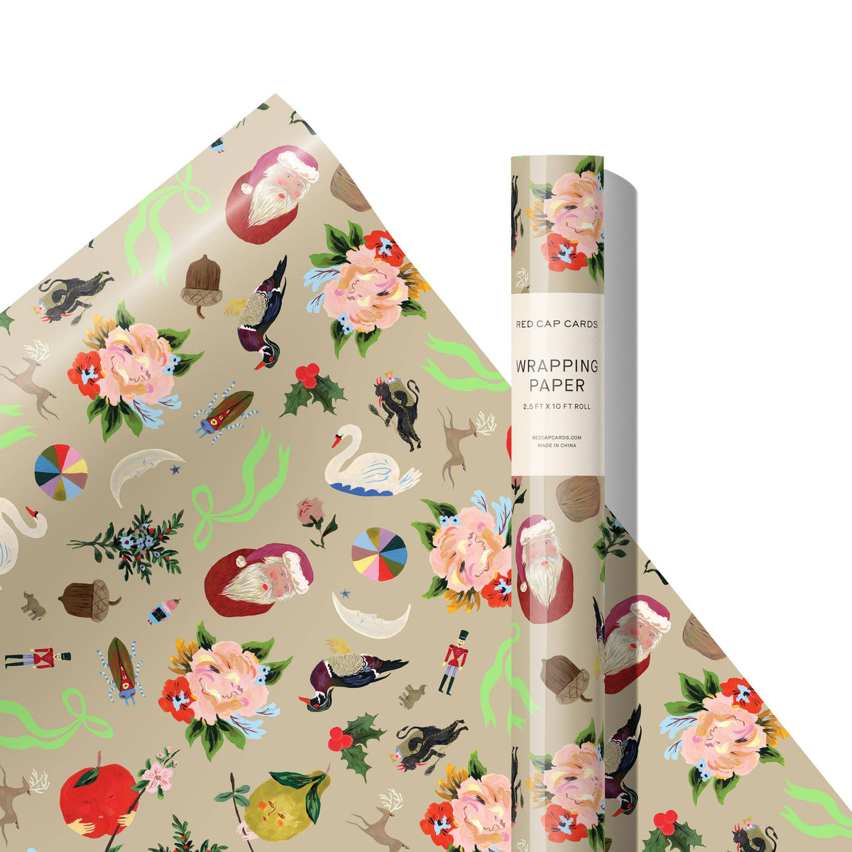 A roll of wrapping paper and a matching flat sheet displayed on a white background. The wrapping paper has a beige base with a whimsical, multicolor pattern of Santa Claus, flowers, swans, bears, and other holiday and nature motifs.