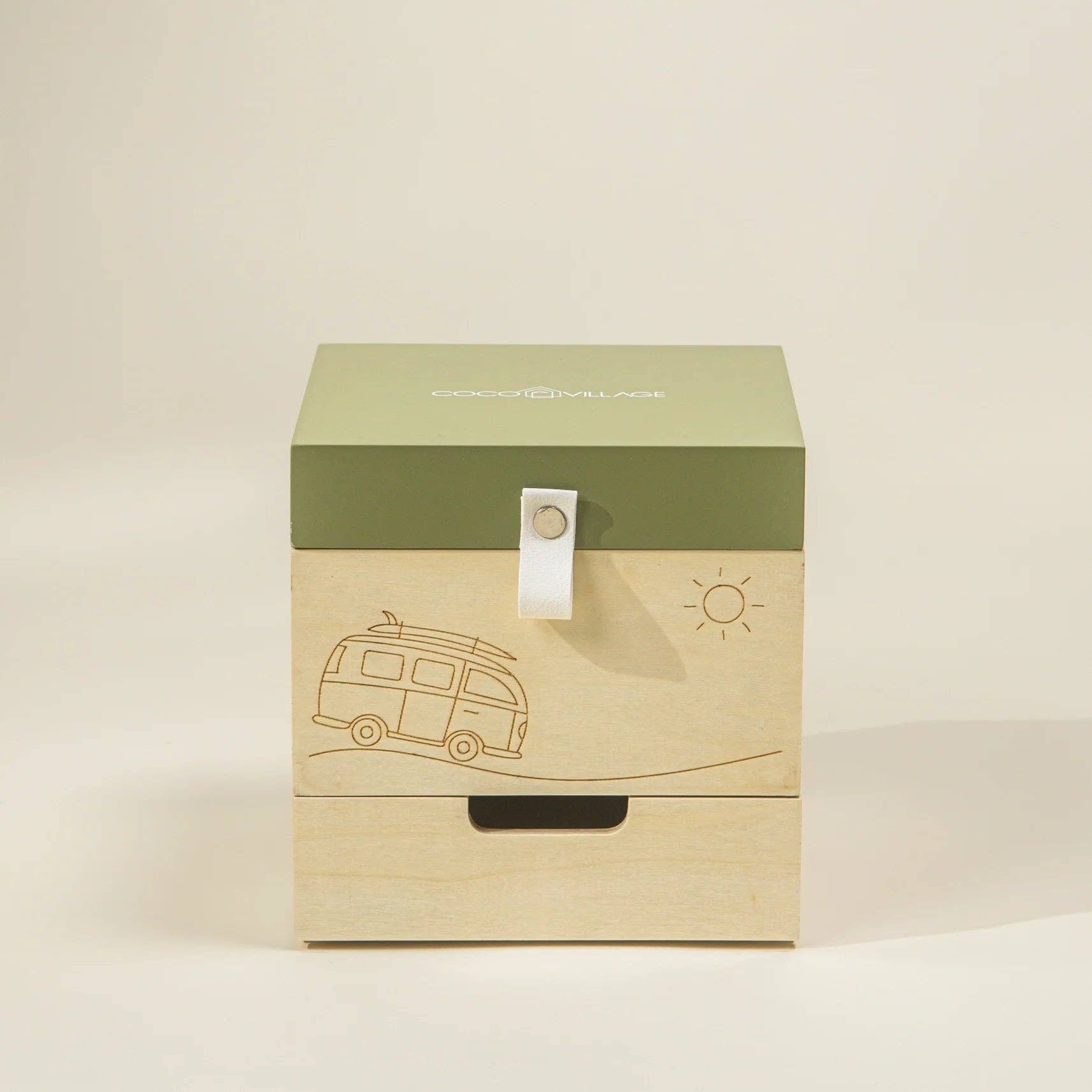 Wooden box with a green top and a design of a van on a beige background