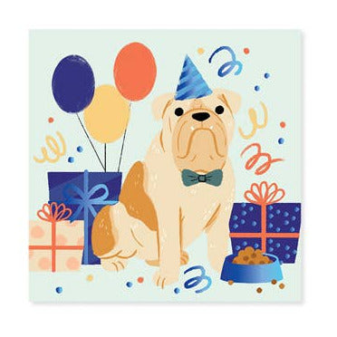 Birthday-themed card with a dog wearing a party hat and balloons on a light blue background